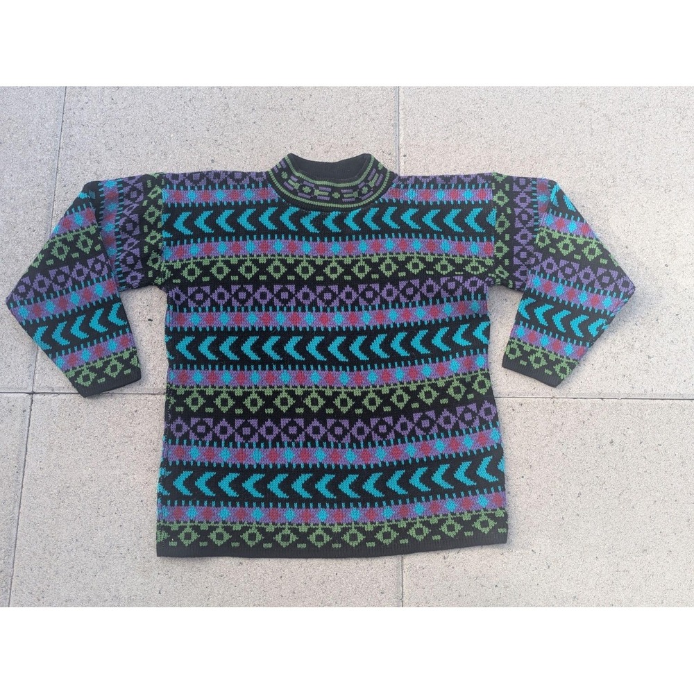 VTG Croquet Club Sweater Mens Large Black Multicolor Geometric Knit Mock Neck